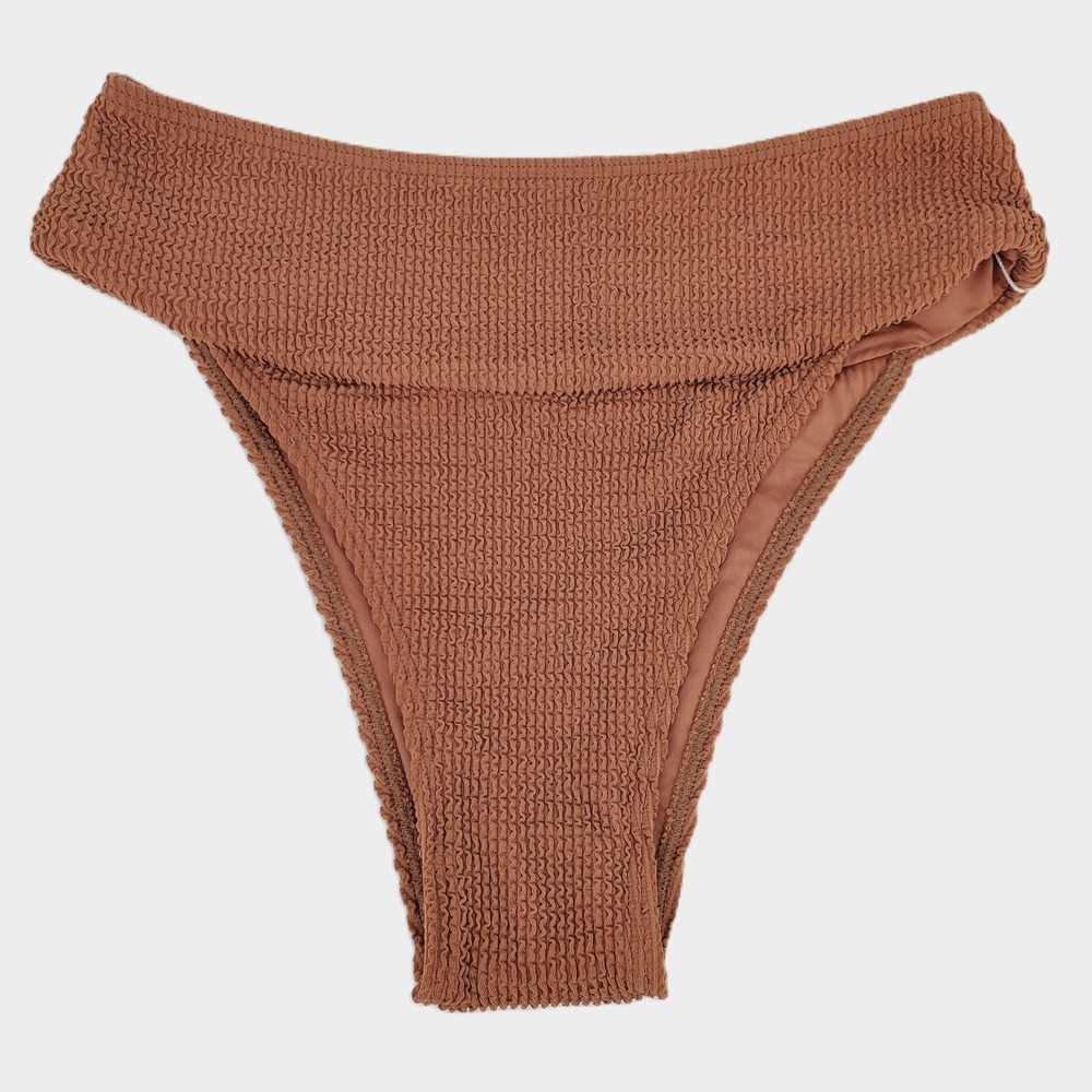 Cocoship High Waist Textured Bikini Bottom Medium Brown New Stretch Retro‎ Lined